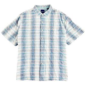 Tommy Bahama Paradigm Plaid 100% Linen Shirt Men's 2XB Bering Blue Loungewear